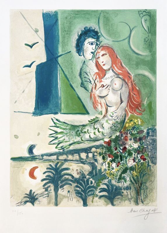 Meerjungfrau an Dichter (Farblithographie) - Marc CHAGALL