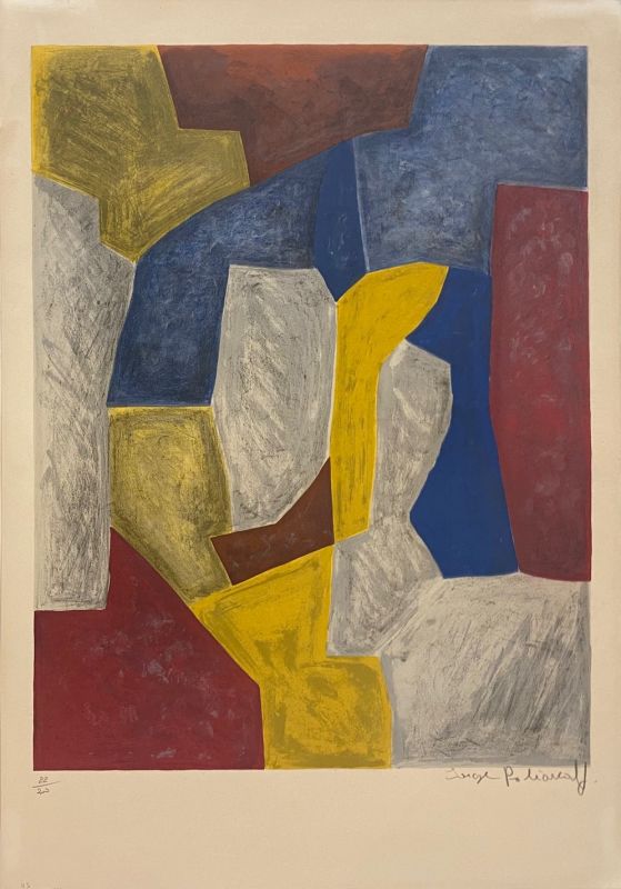 Komposition in Karminrot, Gelb, Grau une Blau (Farblithographie) - Serge  POLIAKOFF