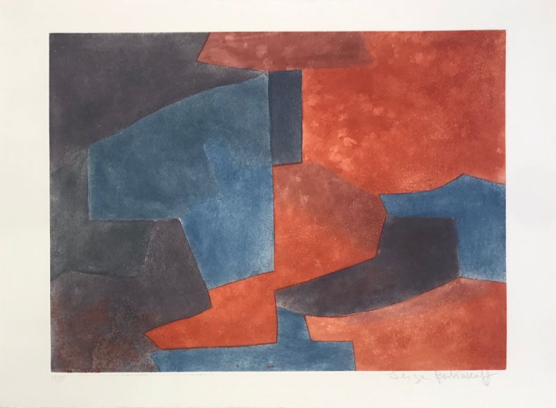 Composition in grey, blue and red (Aquatint) - Serge  POLIAKOFF