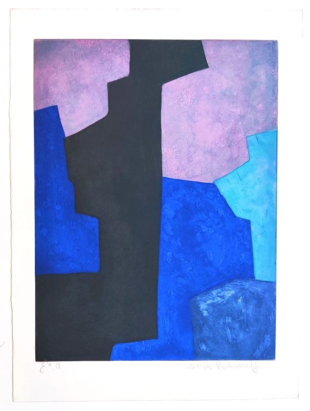 Composition in black, blue and mauve (Etching and aquatint) - Serge  POLIAKOFF