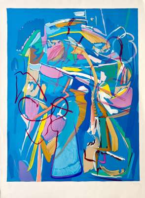 Composition sur fond bleu (Farblithographie) - André LANSKOY