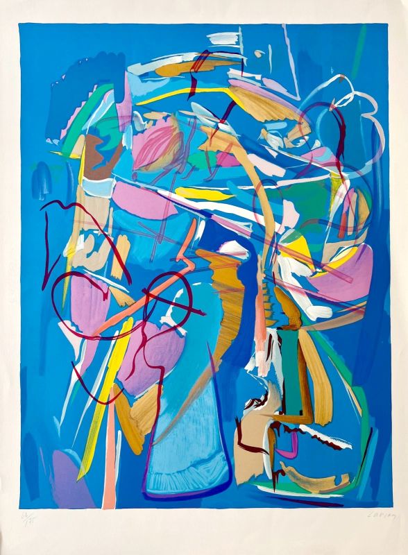 Composition sur fond bleu (Lithograph) - André LANSKOY