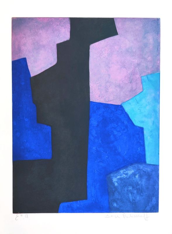 Composition in black, blue and mauve (Etching and aquatint) - Serge  POLIAKOFF