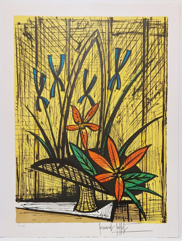 Bouquet aux Iris et fleurs rouges (Lithographie) - Bernard BUFFET